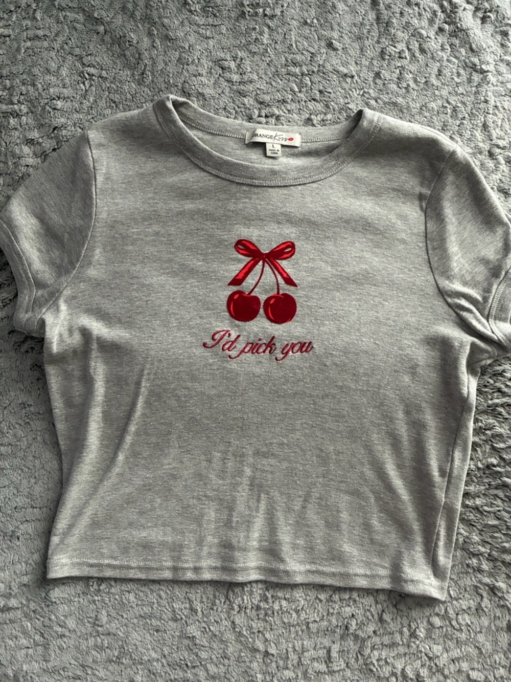 Gray Short-Sleeve Tee with Red Cherry Graphic